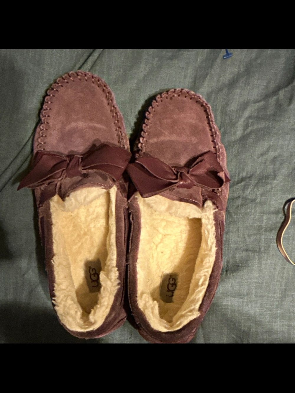 UGG Women's Burgundy Suede Shearling Moccasin with Bow